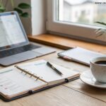 Espaço de trabalho organizado com uma mesa limpa, um planejador, uma xícara de café e uma lista de tarefas