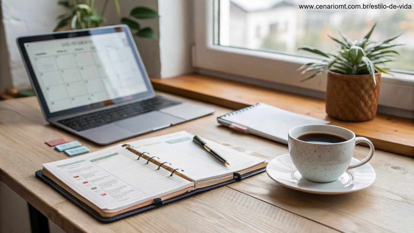 Espaço de trabalho organizado com uma mesa limpa, um planejador, uma xícara de café e uma lista de tarefas
