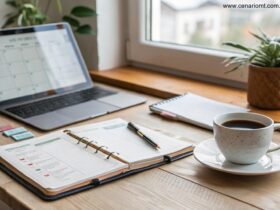 Espaço de trabalho organizado com uma mesa limpa, um planejador, uma xícara de café e uma lista de tarefas