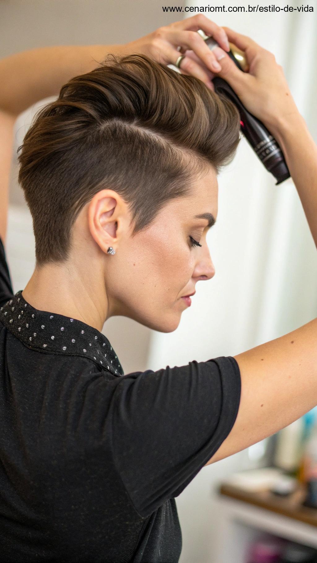 Mulher estilizando cabelo curto com pompadour invertido.