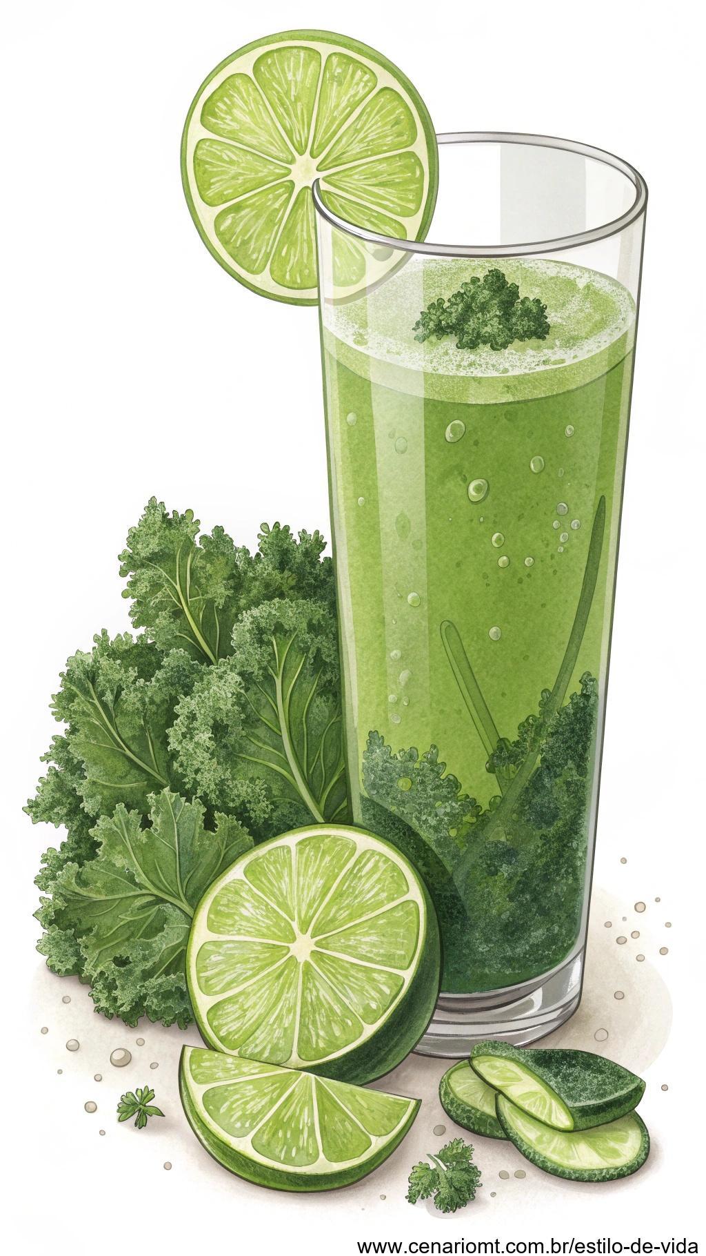 Suco detox feito com limão fresco e couve, servido em um copo alto com uma rodela de limão na borda.
