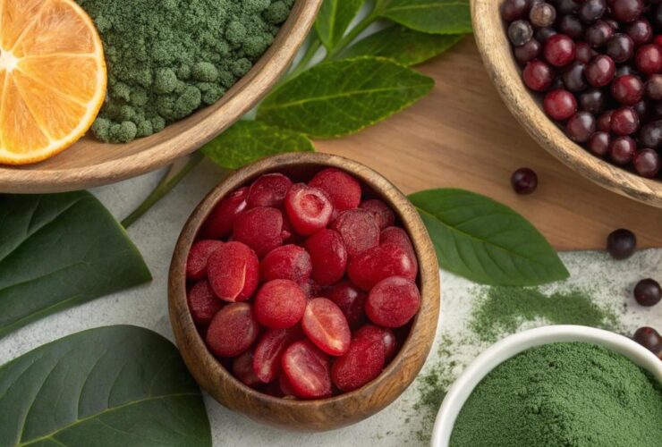 Uma variedade de superalimentos exóticos vibrantes, incluindo folhas de moringa, frutas de camu camu, pó de spirulina e açaí, dispostos de maneira atraente com texturas e cores naturais.