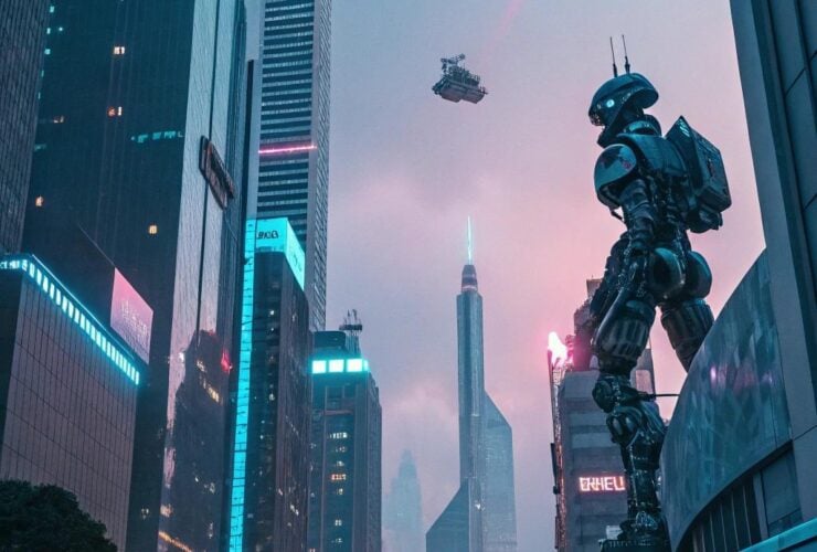 Cena futurista destacando 10 tecnologias que parecem ficção científica, mas já são reais, com interfaces holográficas, robôs e dispositivos avançados em uma paisagem urbana de alta tecnologia.