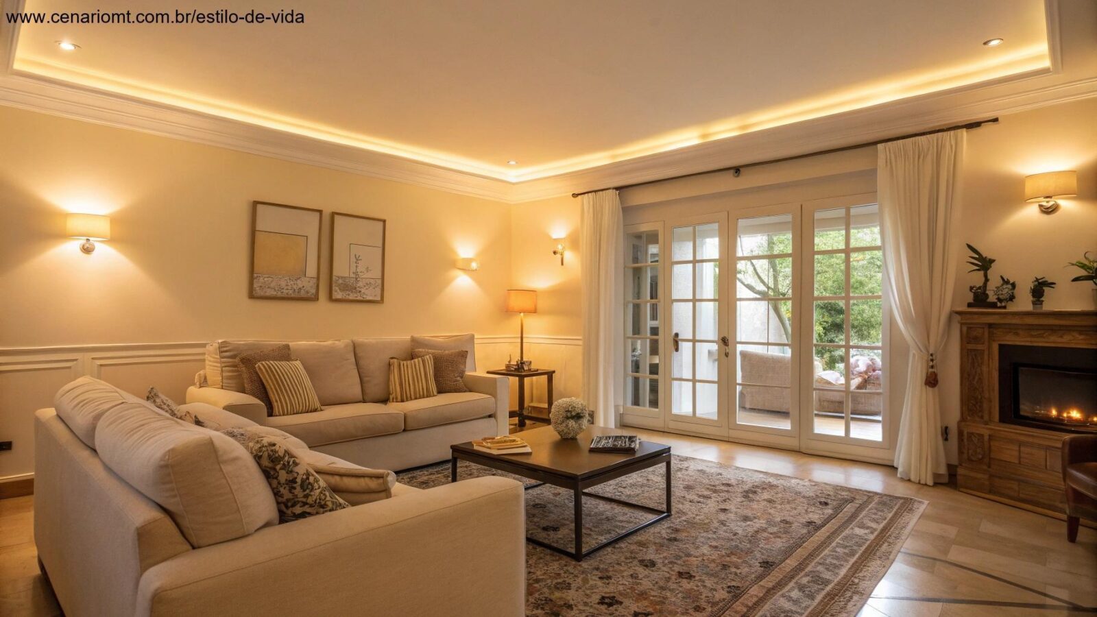 Sala de estar moderna com iluminação suave e tons claros nas paredes e móveis, criando uma atmosfera ampla e aconchegante.