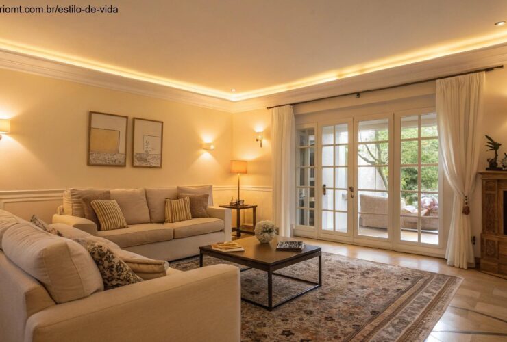 Sala de estar moderna com iluminação suave e tons claros nas paredes e móveis, criando uma atmosfera ampla e aconchegante.