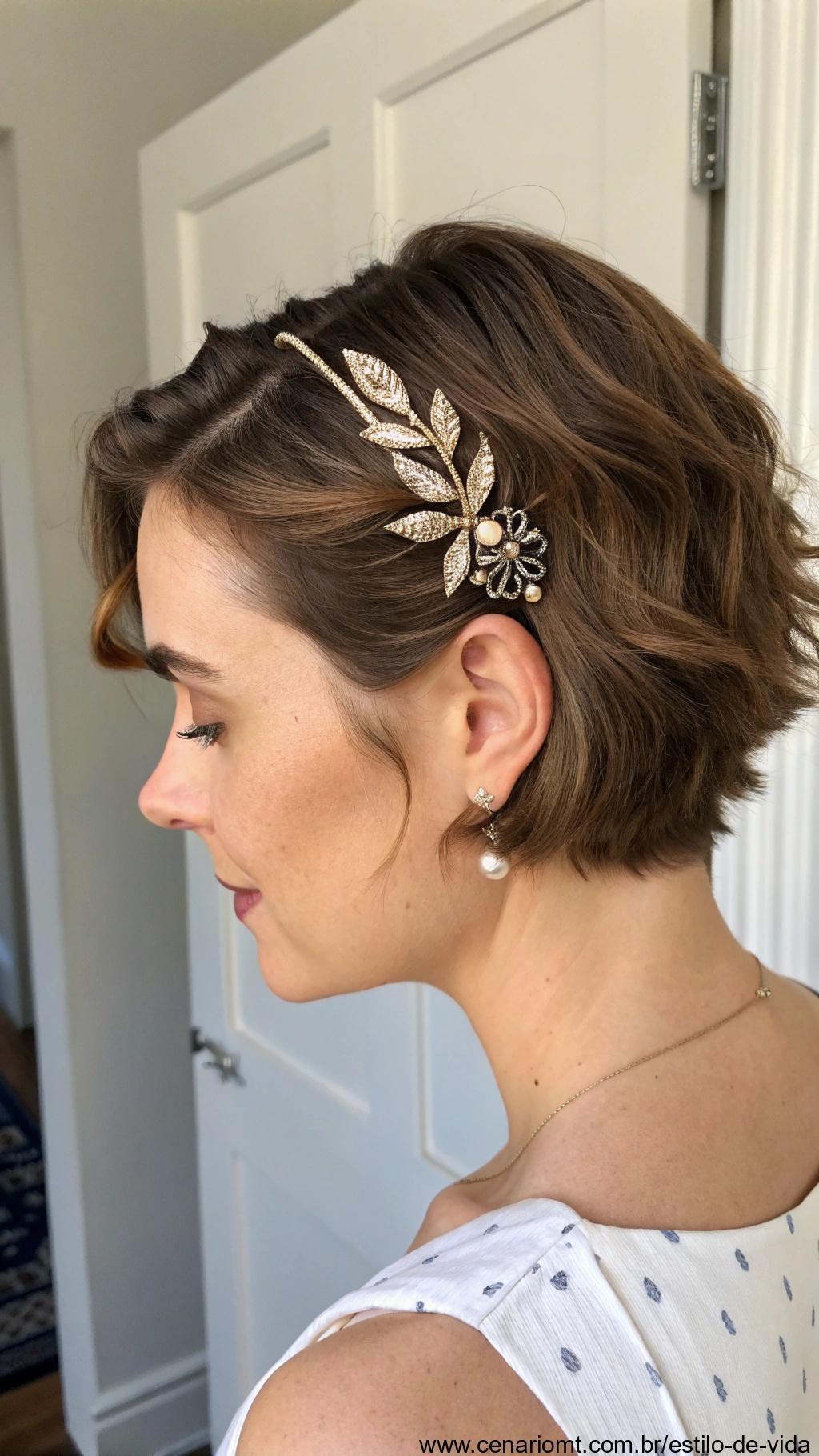 Mulher utilizando acessórios no cabelo curto.