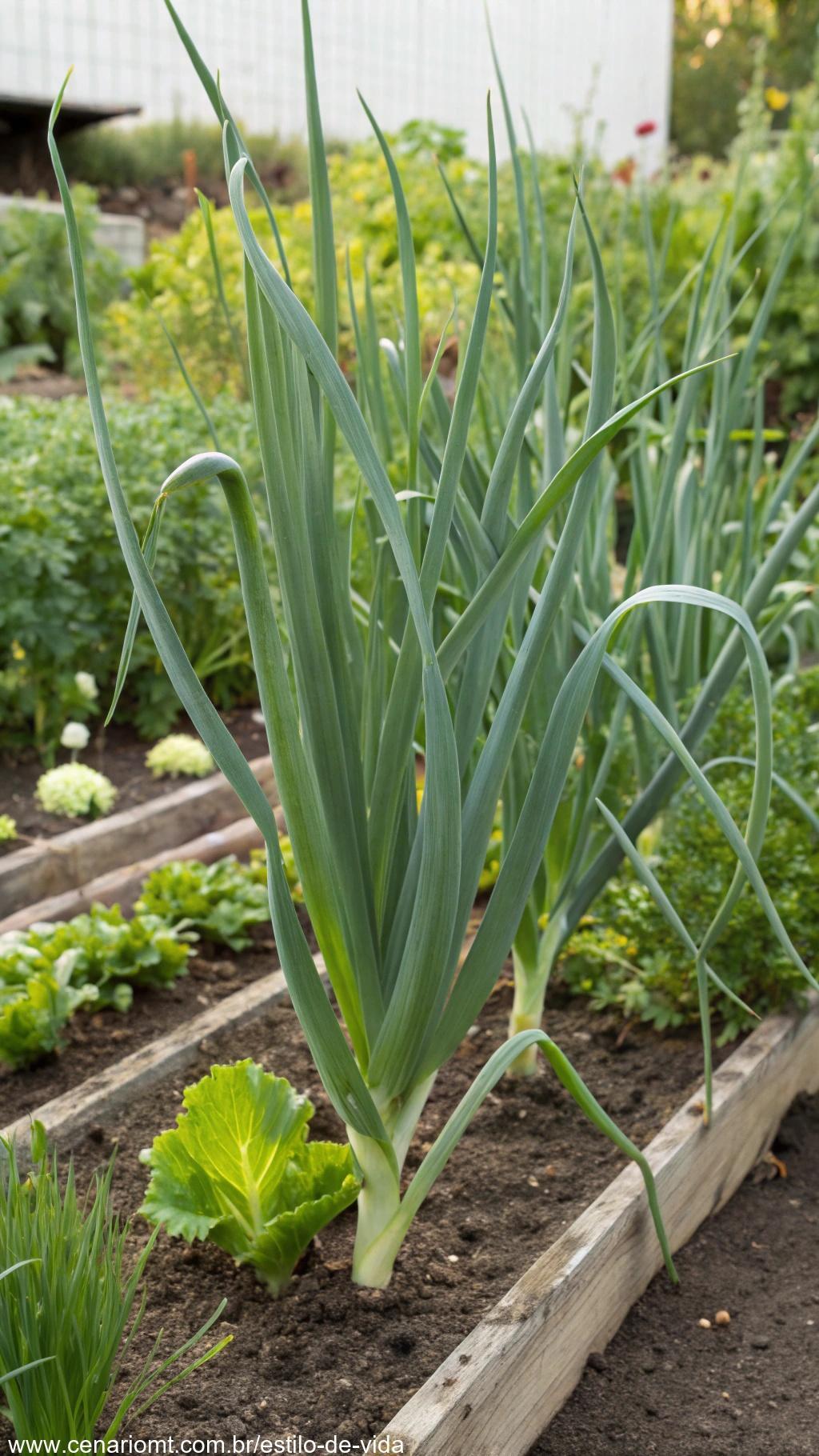 Uma planta de alho-poró com talos verdes longos crescendo em uma cama de jardim.