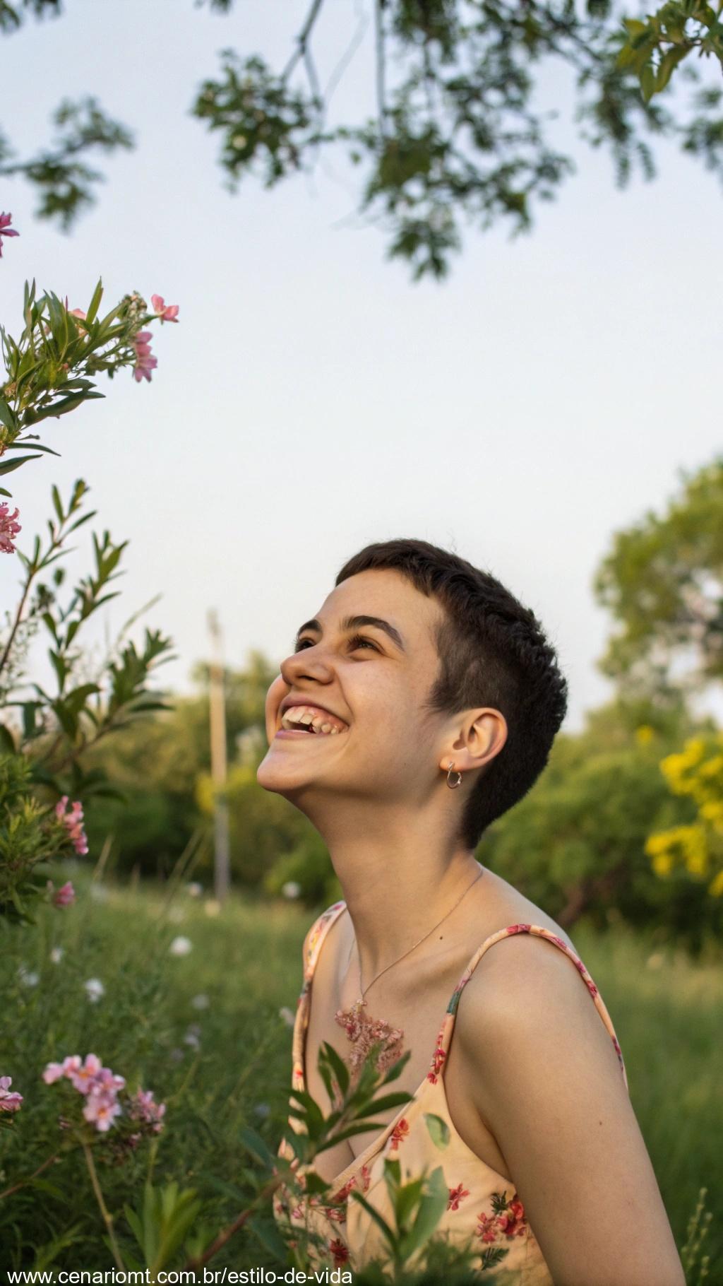 Mulher jovem com cabelo curto, irradiando energia e juventude.