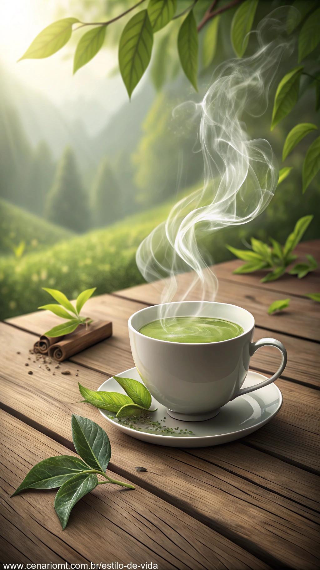 Uma xícara de chá verde fumegante sobre uma mesa de madeira, com vapor delicado subindo e rodeando uma folha de chá verde fresca.