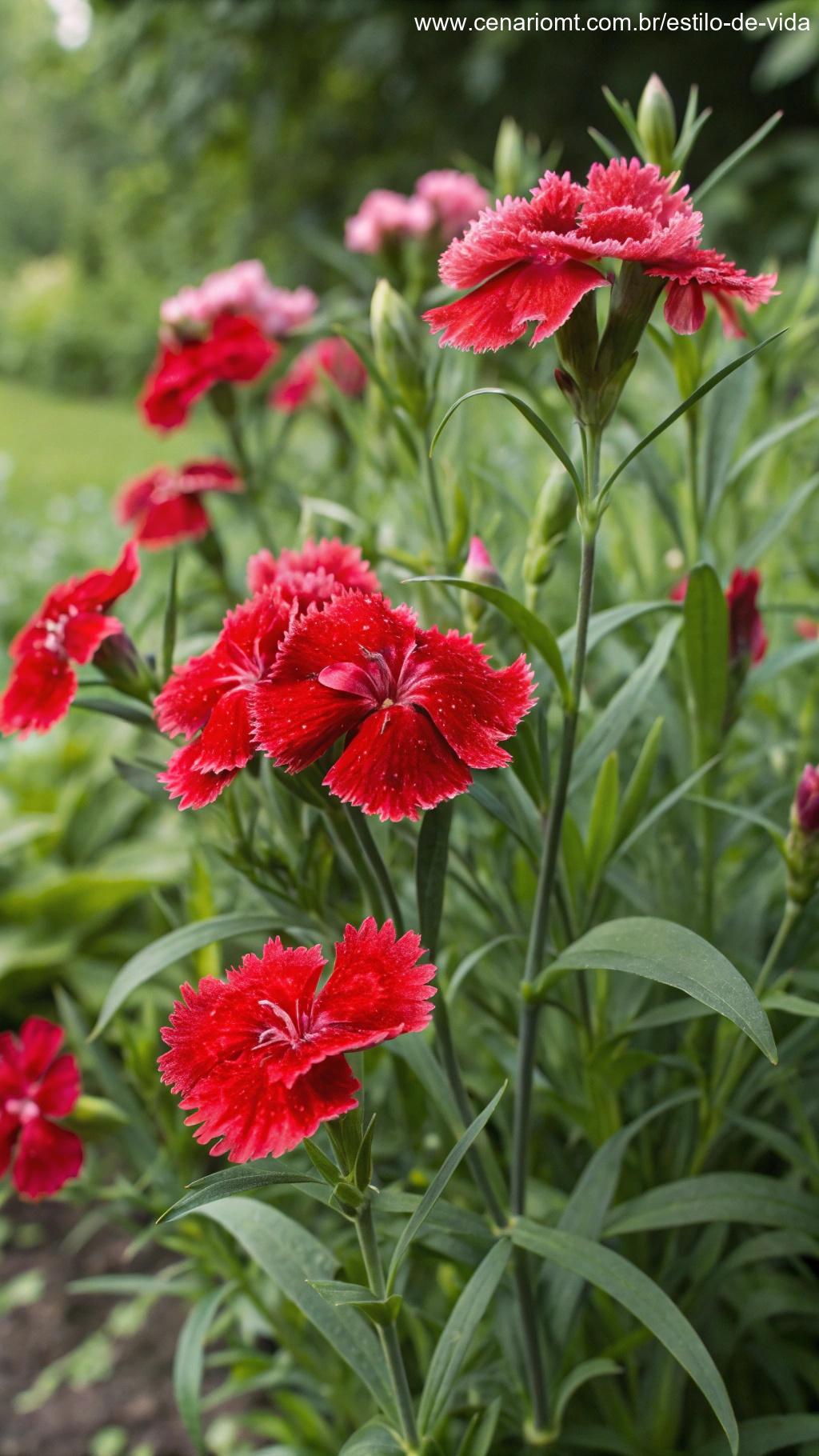 Cravos vermelhos em um jardim florido.
