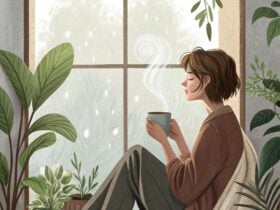 Imagem de uma manhã tranquila com uma pessoa relaxando ao lado de uma janela com luz natural, rodeada por plantas e com uma xícara de chá ou café.