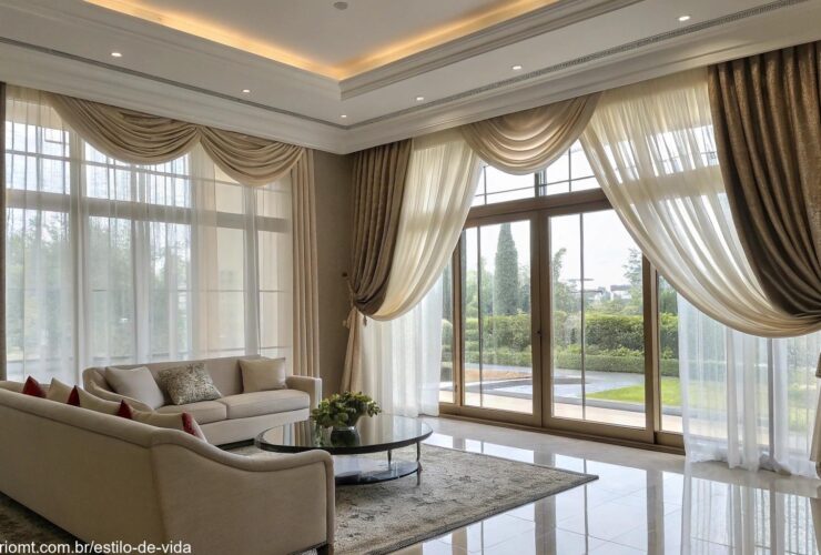 Uma sala de estar moderna com janelas grandes e cortinas sob medida em tons neutros.
