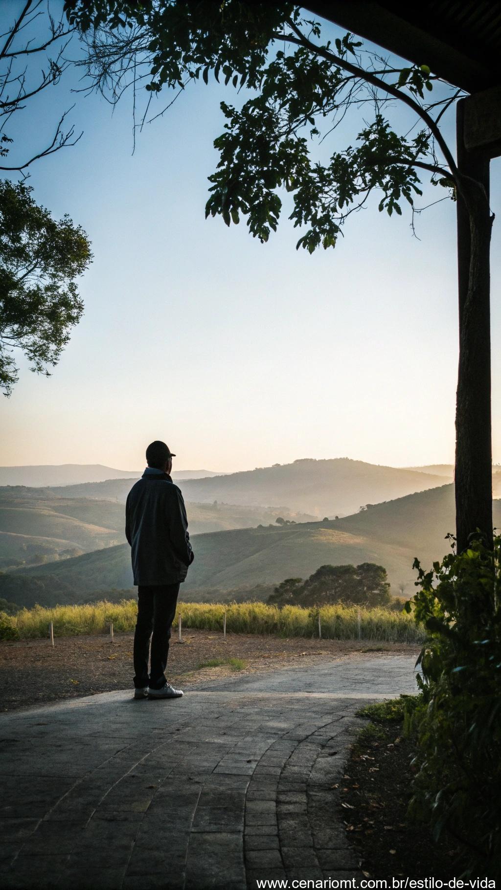 Uma pessoa olhando para o horizonte, sozinha em um ambiente tranquilo, simbolizando a evitação de comparações.