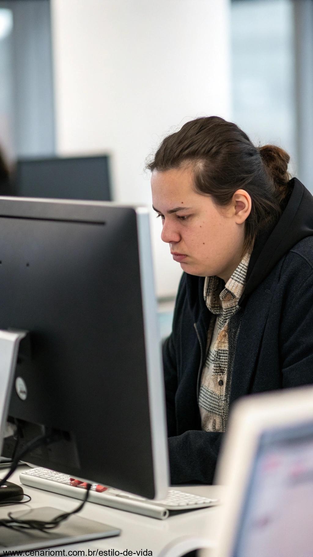 Pessoa sentada na mesa, olhando para a tela do computador, absorvida demais no trabalho, simbolizando a falta de pausas.