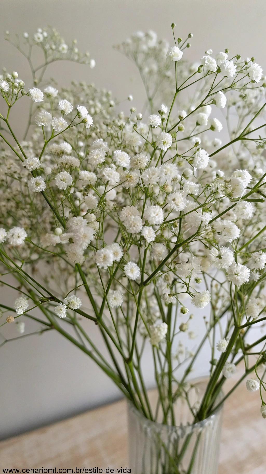 Um delicado aglomerado de flores de gipsófila, com pequenas flores brancas criando um efeito suave e semelhante a uma nuvem.