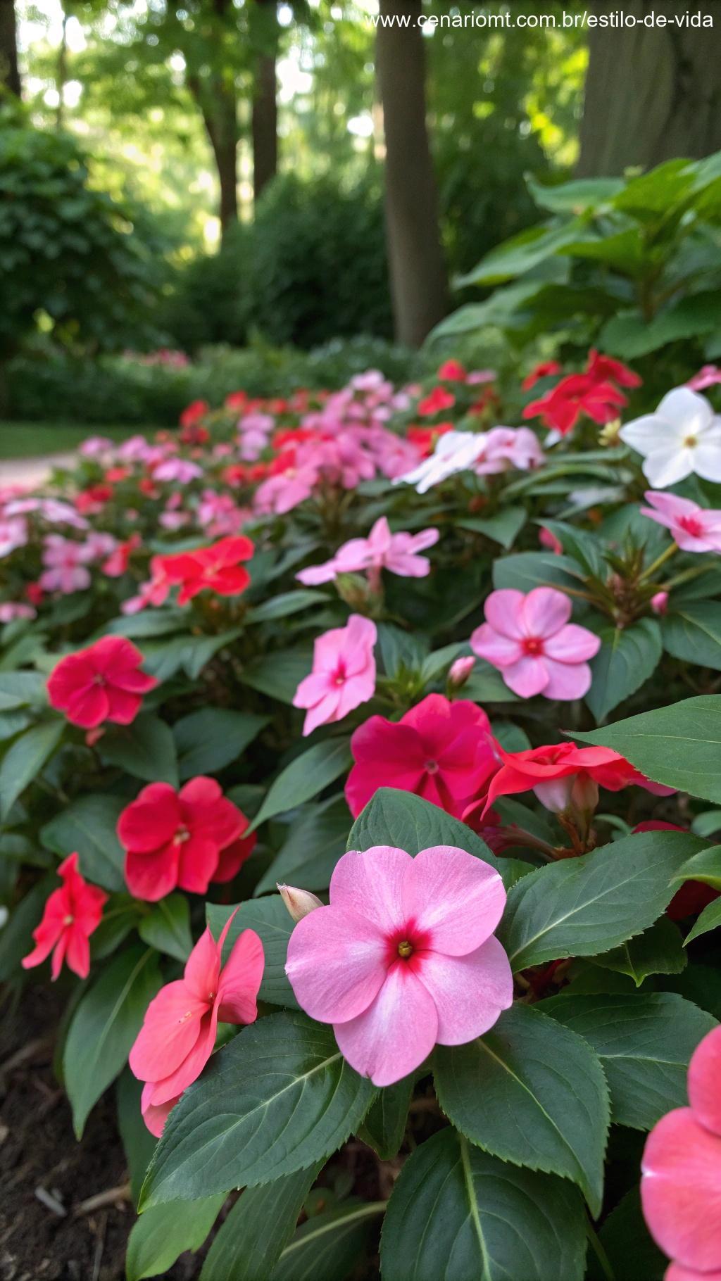 Flores de Impatiens com pétalas rosa e vermelhas brilhantes florescendo em áreas sombreadas do jardim.