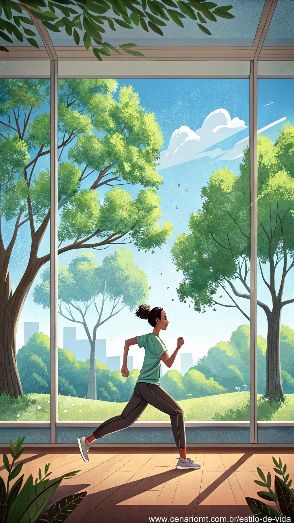 Imagem de uma pessoa praticando exercícios físicos pela manhã, como yoga ou corrida em um parque.