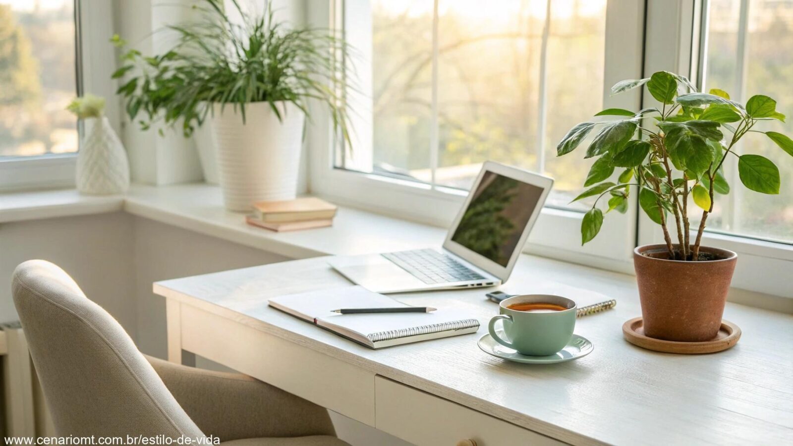 Espaço de trabalho tranquilo com luz natural e decoração simples.