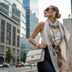 Mulher estilosa usando vários acessórios para transformar seu look, como lenços, joias e bolsas, em um ambiente urbano elegante.