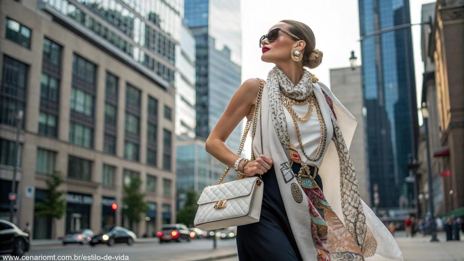 Mulher estilosa usando vários acessórios para transformar seu look, como lenços, joias e bolsas, em um ambiente urbano elegante.