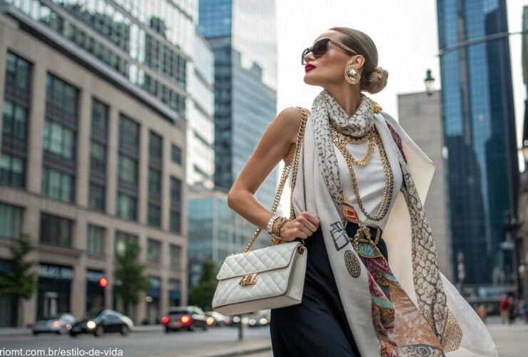 Mulher estilosa usando vários acessórios para transformar seu look, como lenços, joias e bolsas, em um ambiente urbano elegante.