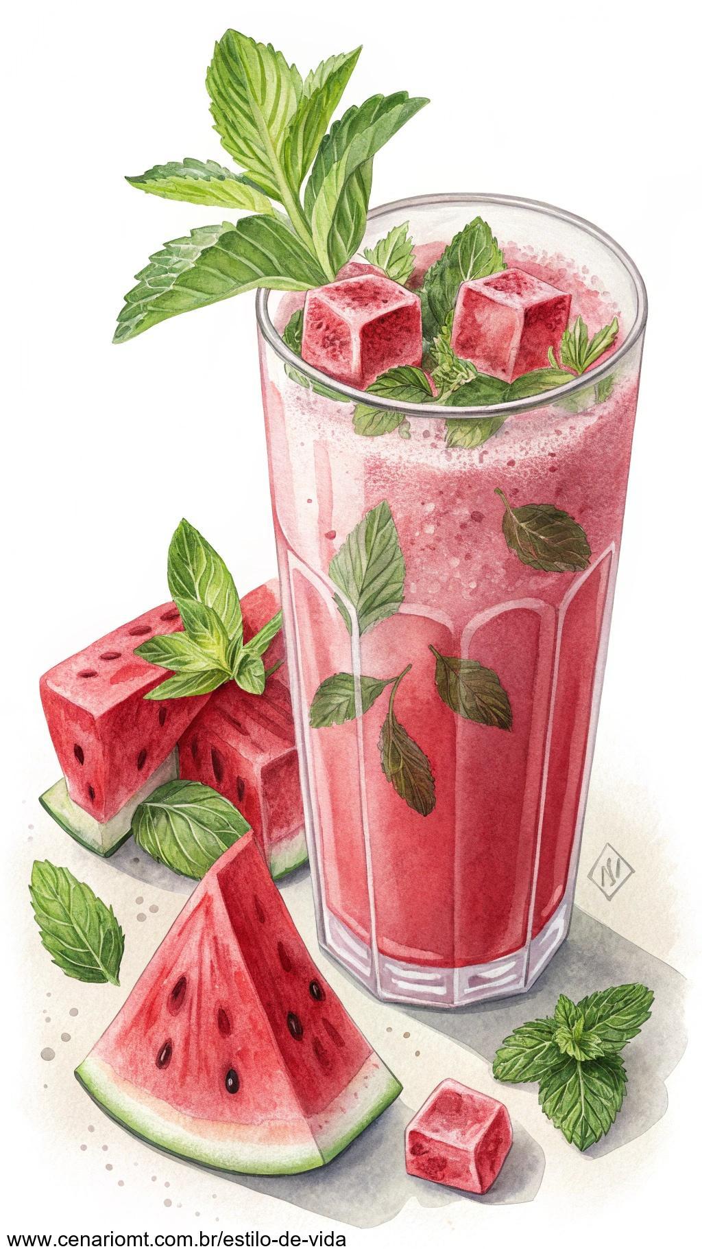 Suco refrescante de melancia com menta, servido em um copo com folhas de menta fresca e cubos de melancia como decoração.