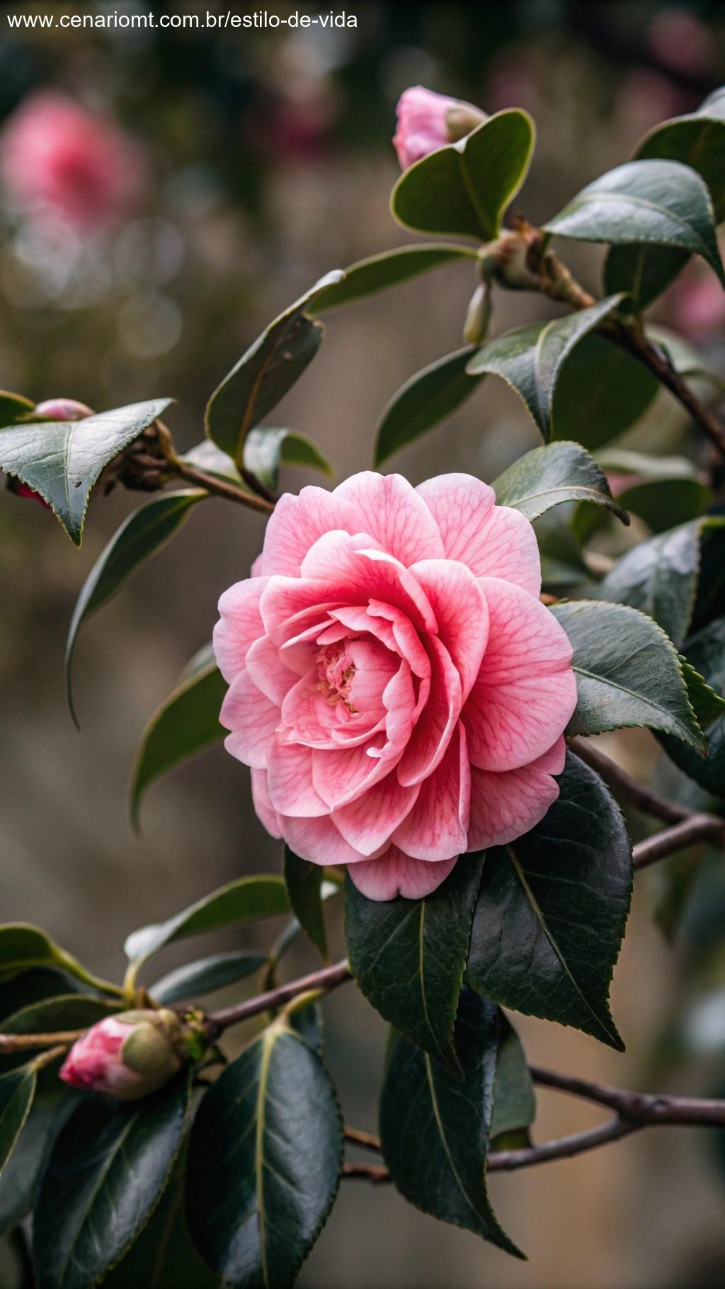 Uma visão detalhada de uma flor de camélia em plena floração, com suas pétalas rosa intensas e folhas verdes escuras ao redor.
