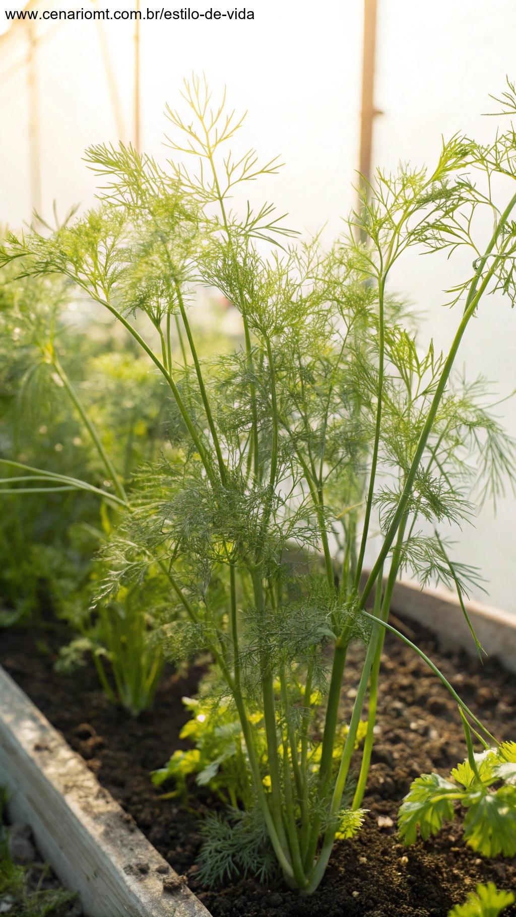 Plantas de endro crescendo com suas folhas delicadas e finas, contra um fundo brilhante e ensolarado em um pequeno jardim.