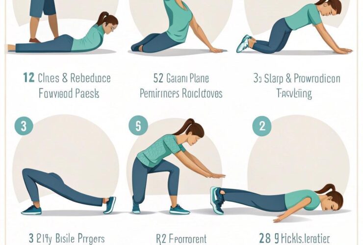 Ilustração de 12 exercícios de alongamento para aliviar dores nas costas.