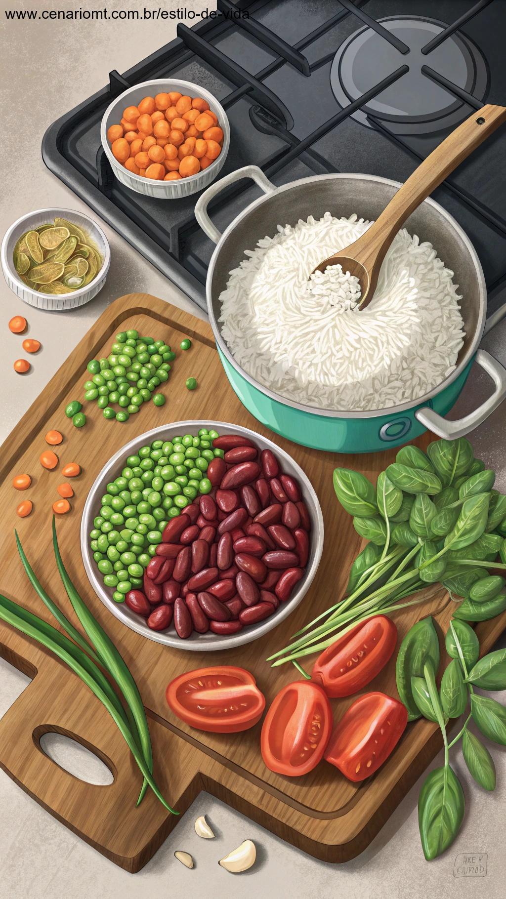Ingredientes simples sendo preparados em uma refeição nutritiva e prática.