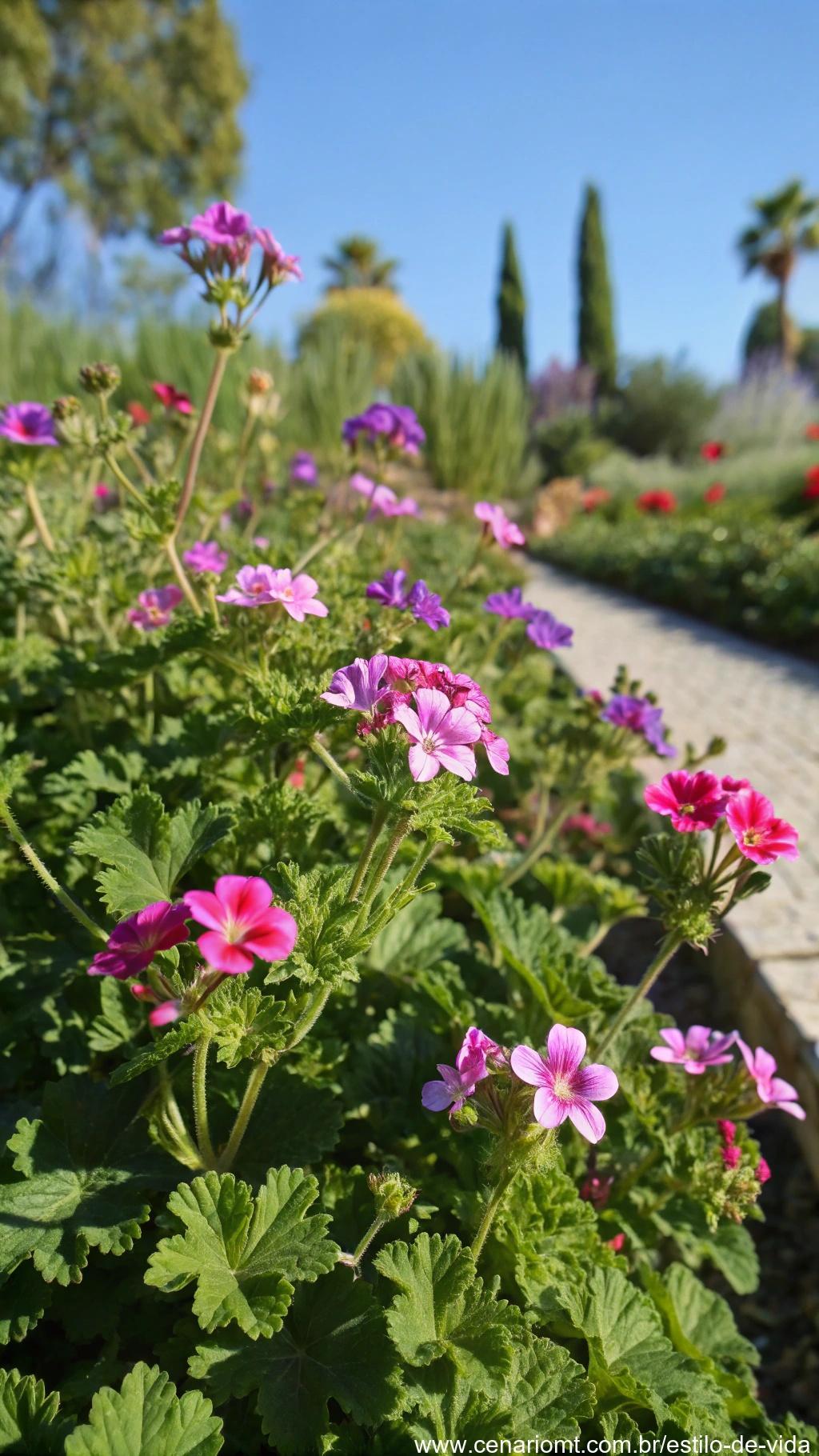 Gerânio-de-cipreste com flores pequenas e brilhantes em tons de rosa e roxo, crescendo em um jardim ensolarado.