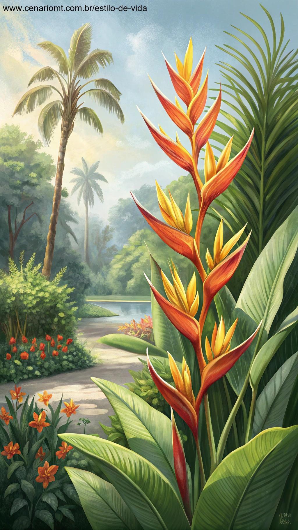 Helicônia com brácteas laranja e amarelas em um jardim tropical.