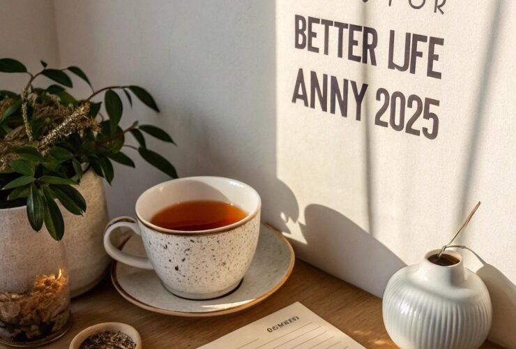 Mesa de trabalho minimalista com um ambiente aconchegante, representando pequenos hábitos para uma vida melhor em 2025.