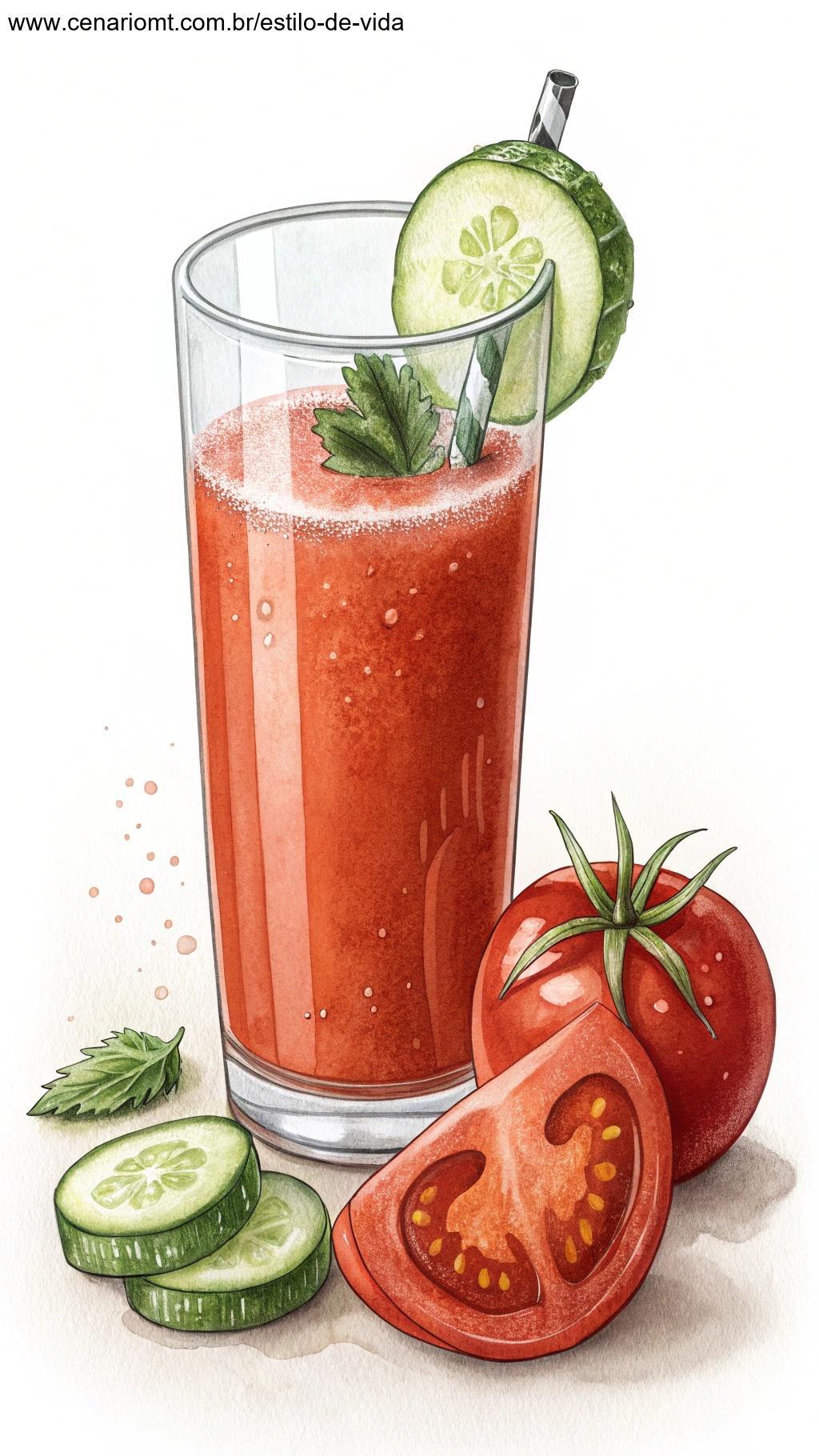 Suco revigorante de tomate e pepino, servido em um copo com uma fatia de pepino e tomate na borda.