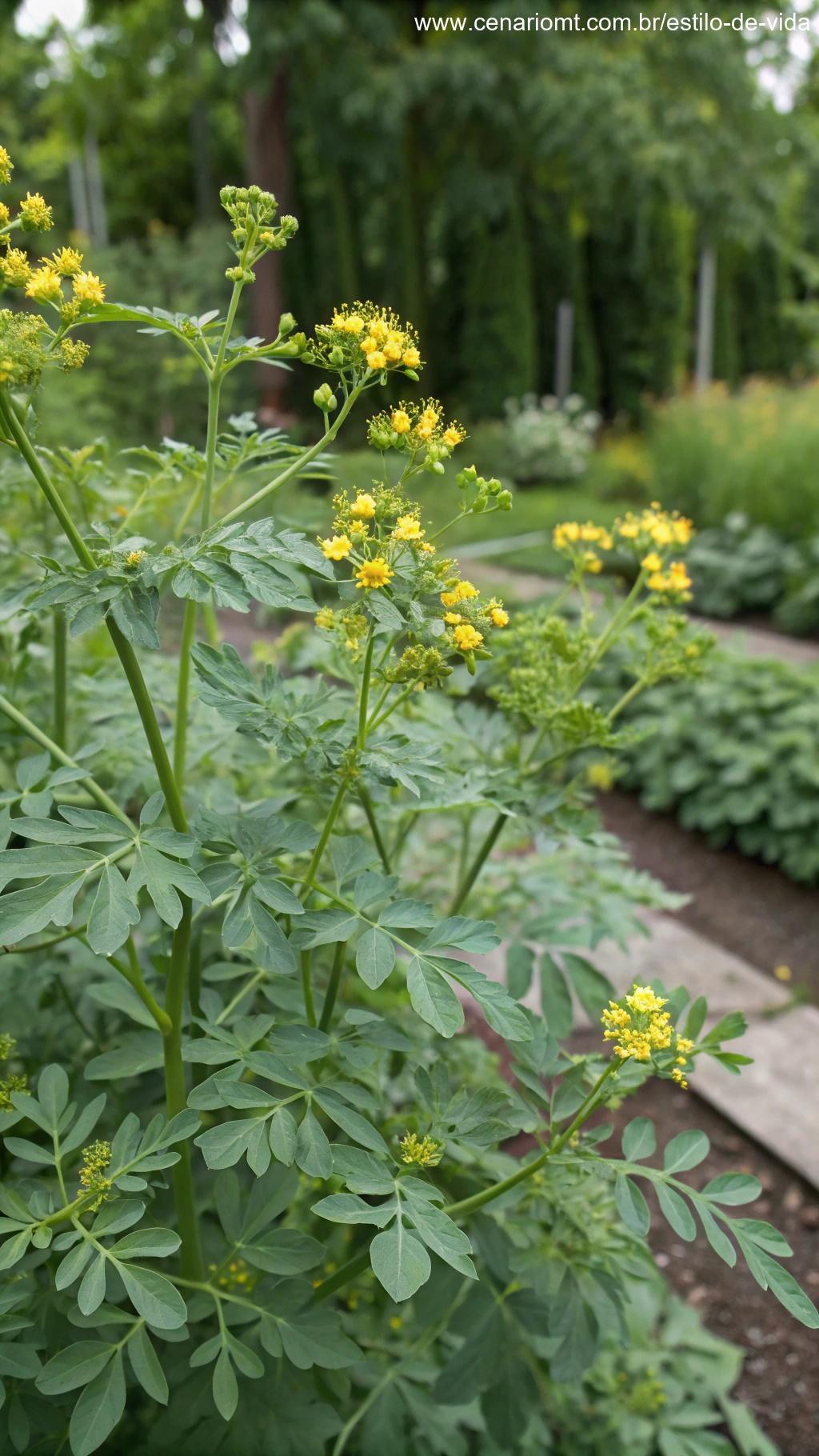 Uma planta de arruda com folhas fortes e aromáticas crescendo no jardim.