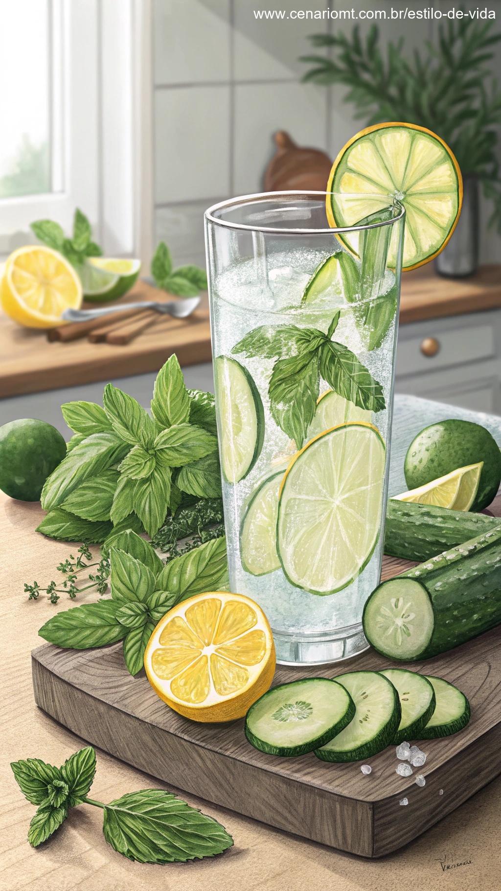 Copo de água refrescante com frutas e ervas ao lado, incentivando a hidratação.
