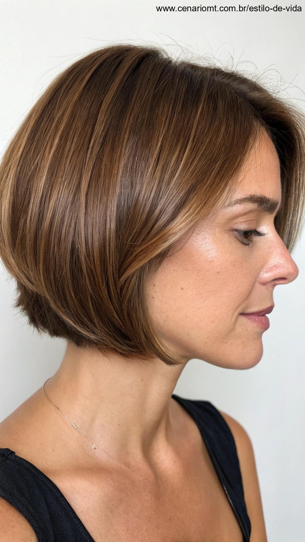 Mulher com cabelo curto, mostrando fios saudáveis e brilhantes.