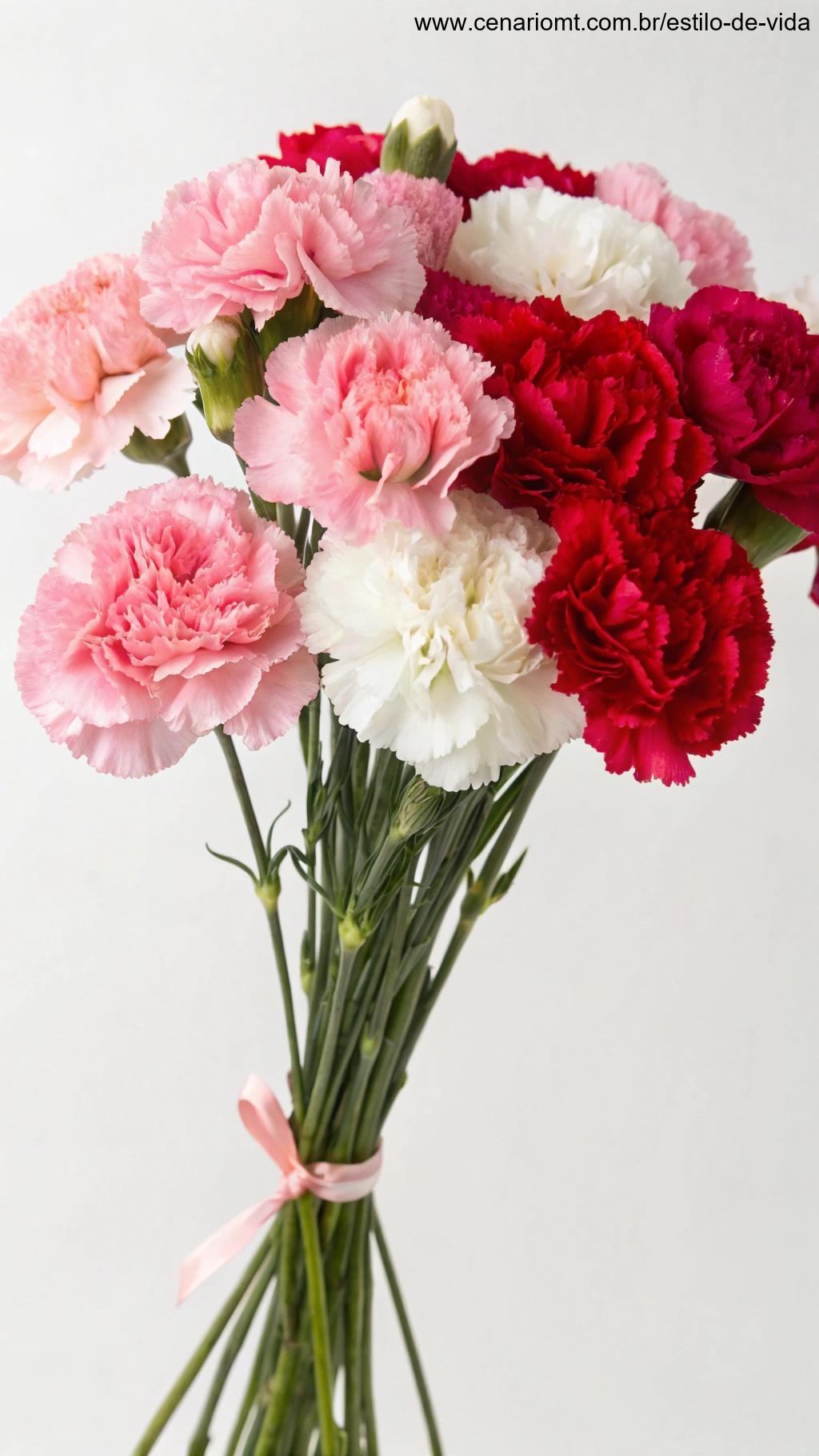 Um buquê de flores de cravo em vários tons de rosa, vermelho e branco, arranjadas de maneira elegante.