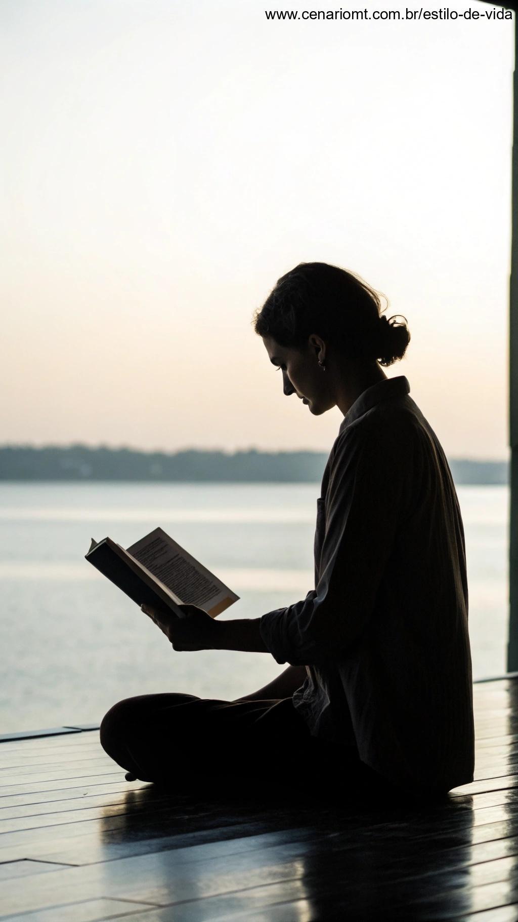 Pessoa em uma postura disciplinada, segurando um livro, cercada por um ambiente calmo, simbolizando o poder da disciplina.