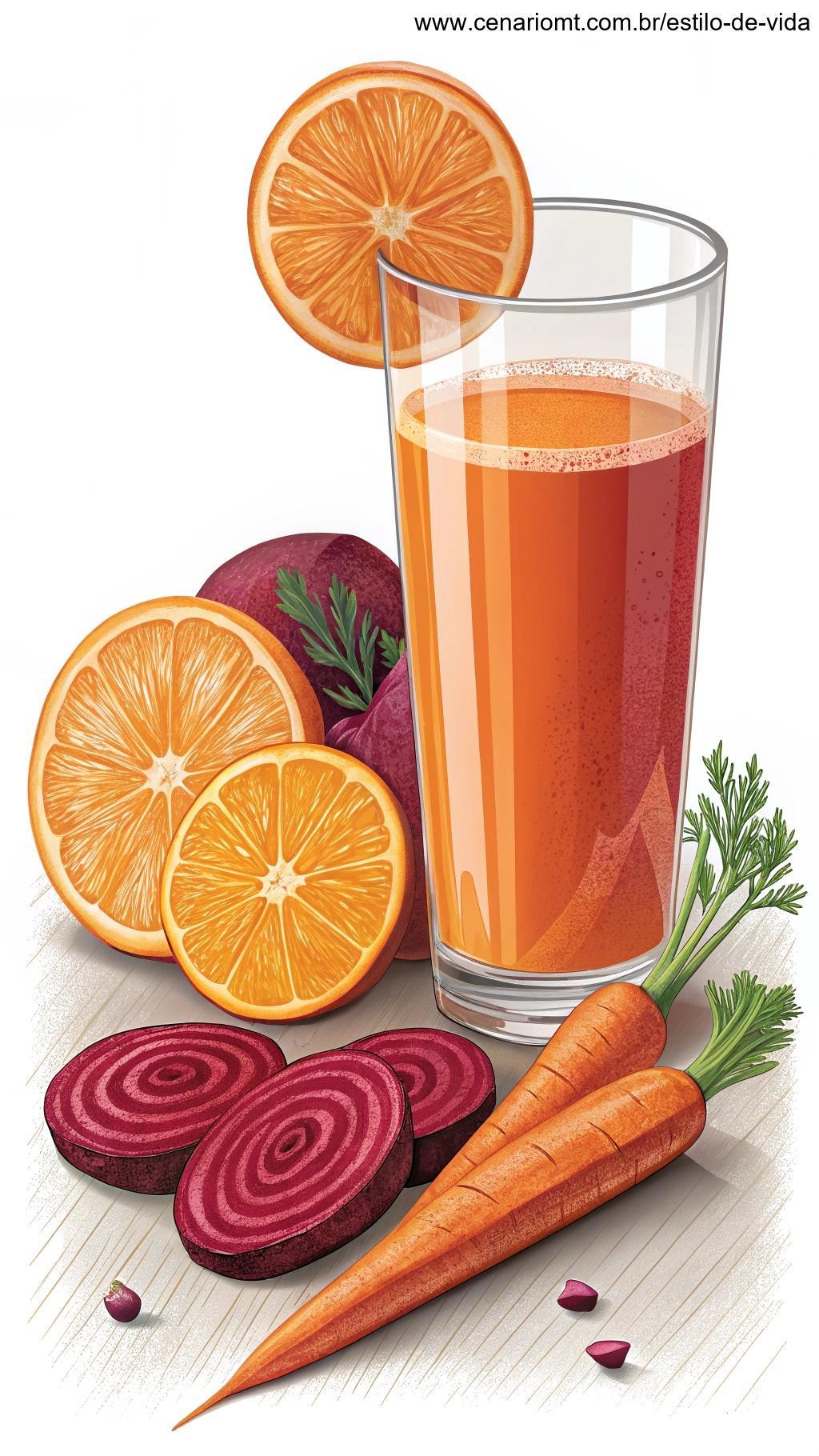 Suco intenso feito com laranja, cenoura e beterraba, servido em um copo com fatias de cada fruta e vegetal ao redor do copo.