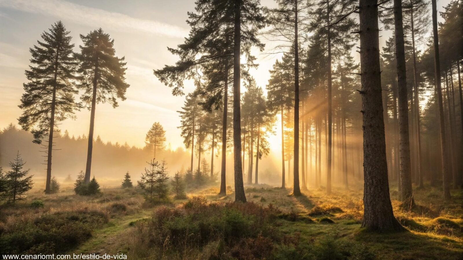 Cena tranquila de uma floresta serena ao amanhecer, simbolizando proteção espiritual e intuição.