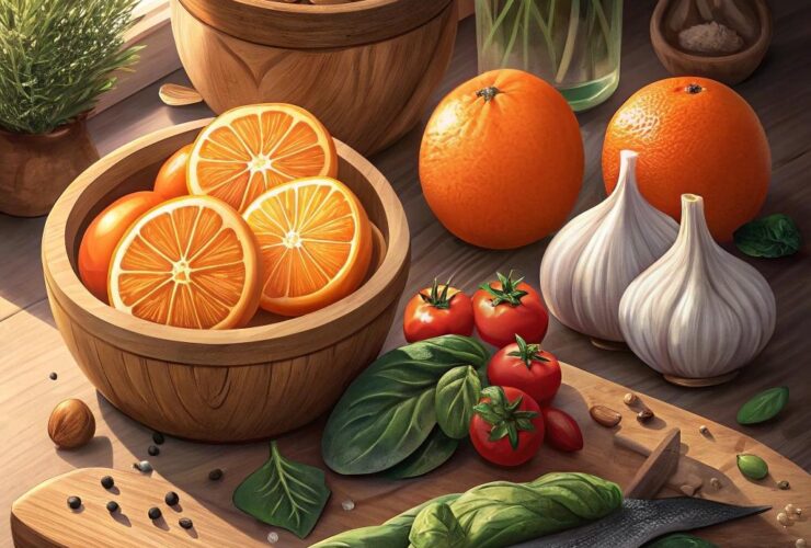 Uma disposição de alimentos saudáveis com frutas e vegetais como laranja, alho, espinafre, amêndoas e peixe, em uma cozinha aconchegante com luz natural.