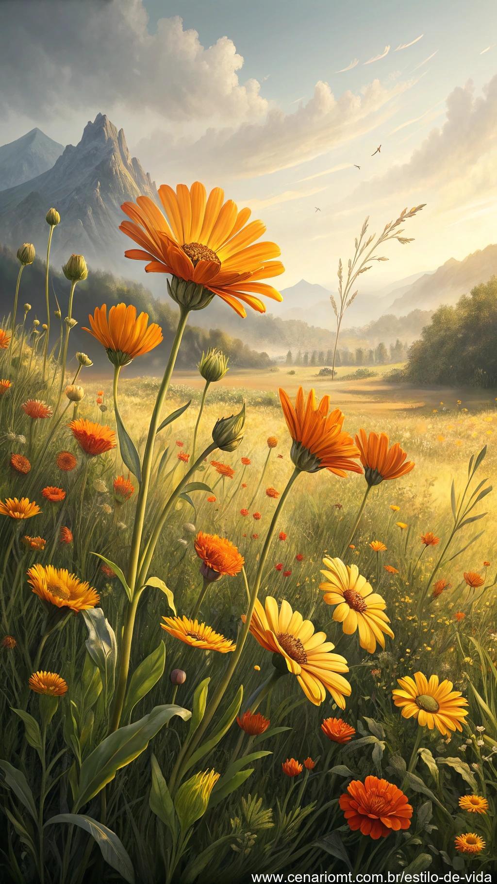 Um campo de flores de calêndula silvestre com flores amarelas e laranjas brilhantes balançando ao vento.