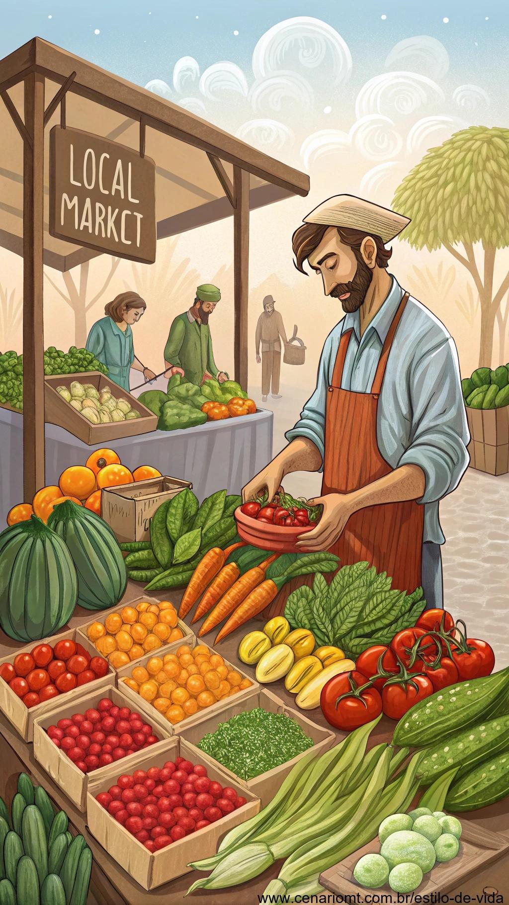 Mercado local com produtores vendendo alimentos frescos.