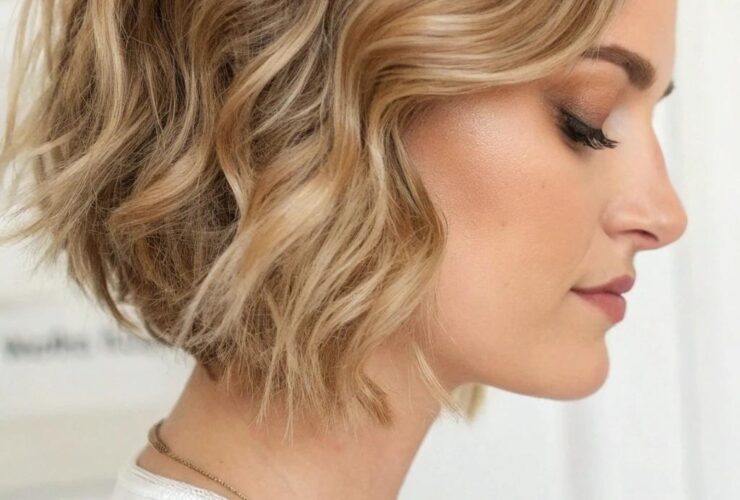 Penteado curto estiloso com ondas suaves e elegantes
