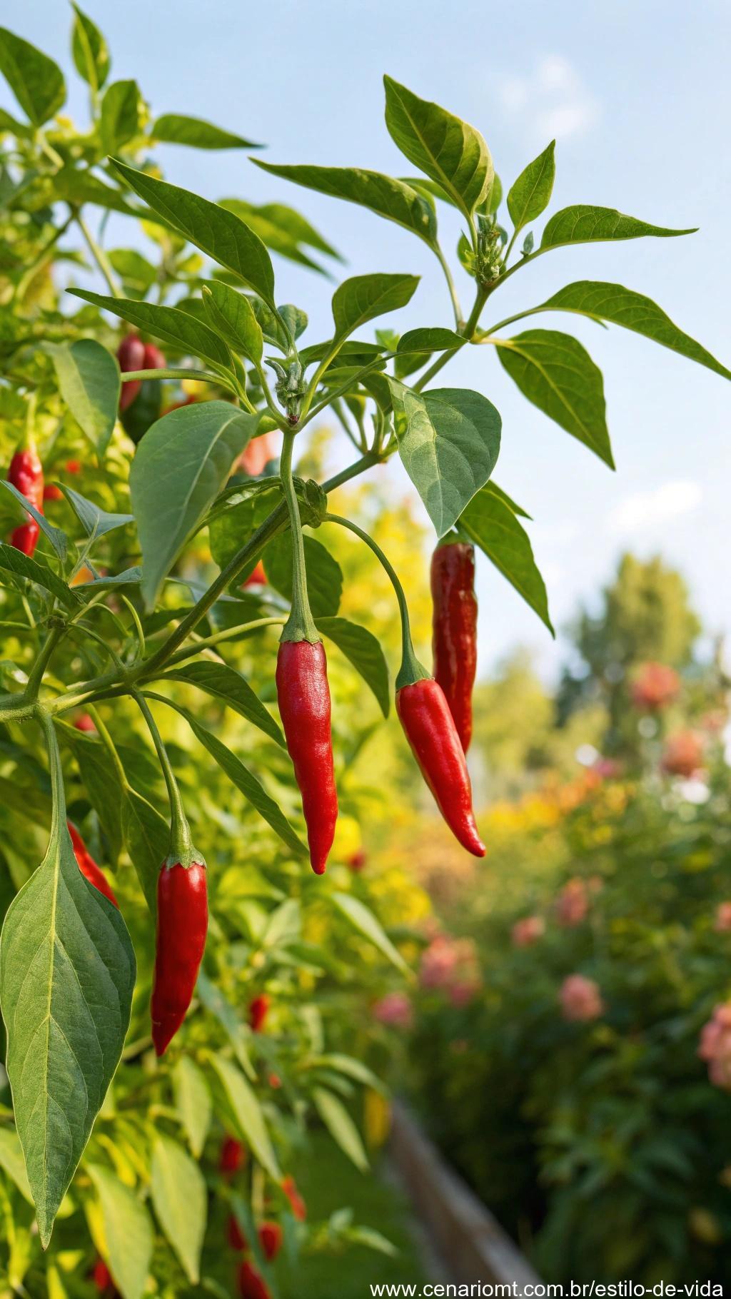 Planta de pimenta-de-caiena, com pimentas vermelhas vibrantes penduradas nos galhos, contra um fundo de jardim ensolarado.