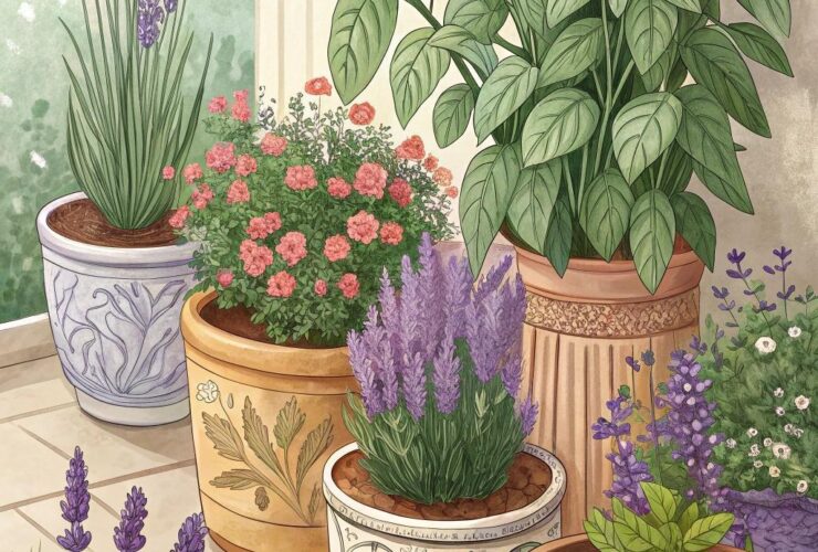 Uma vibrante horta interna com várias plantas que afastam insetos, como lavanda, citronela e manjericão, organizadas em vasos decorativos.
