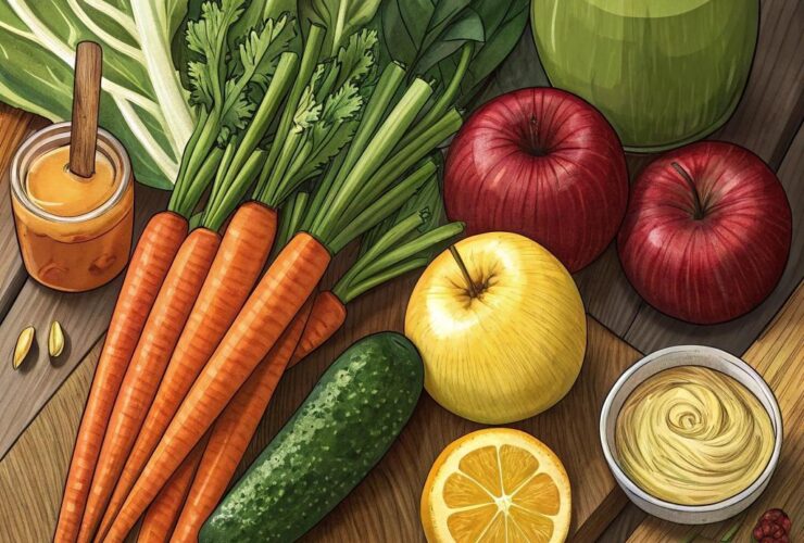 Diversos frutos e vegetais frescos dispostos em uma mesa de madeira, incluindo folhas verdes, maçãs, limões, pepinos e cenouras, prontos para fazer sucos detox.