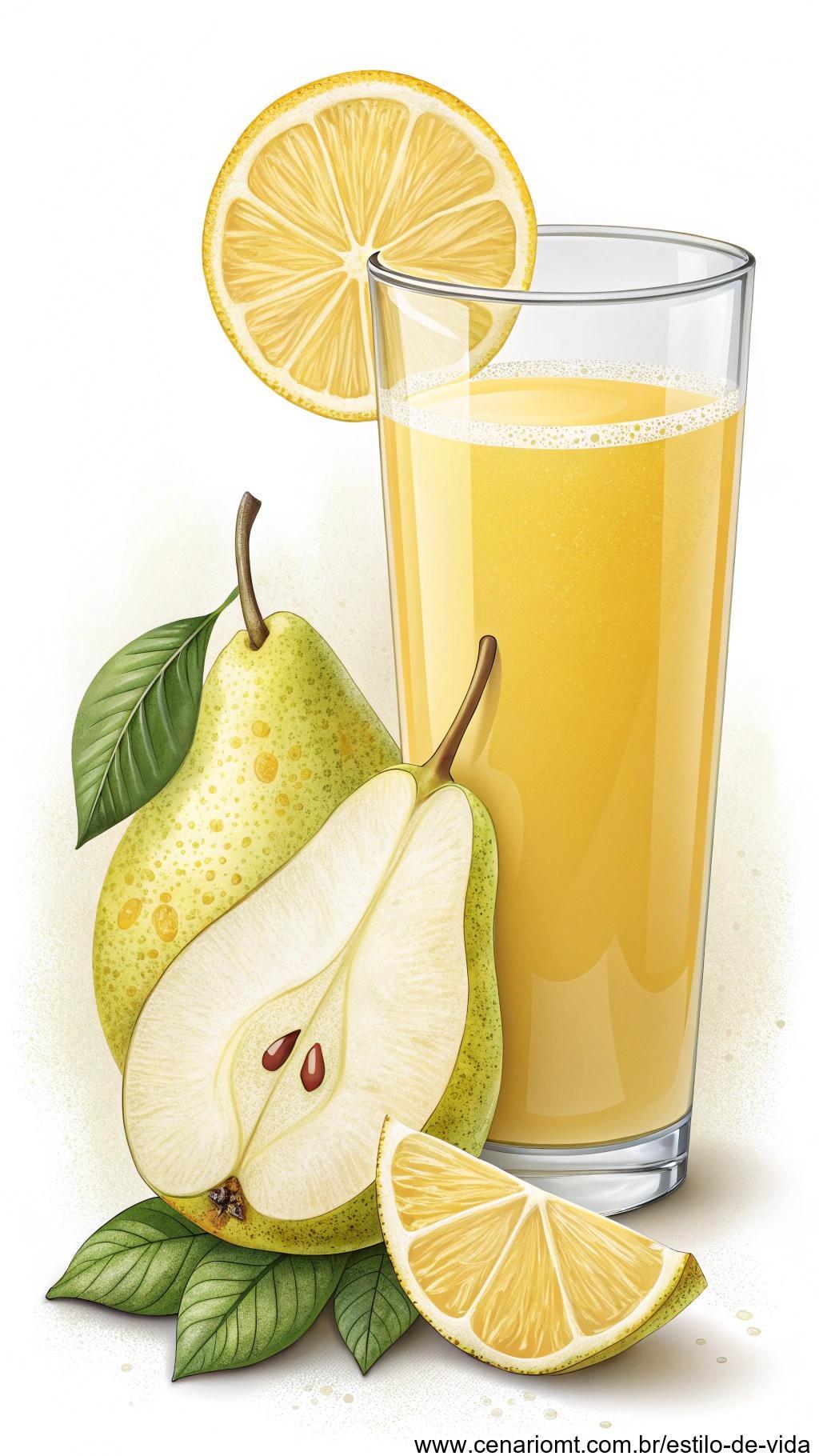 Suco refrescante de pera com limão, servido em um copo com uma fatia de pera e limão na borda do copo.