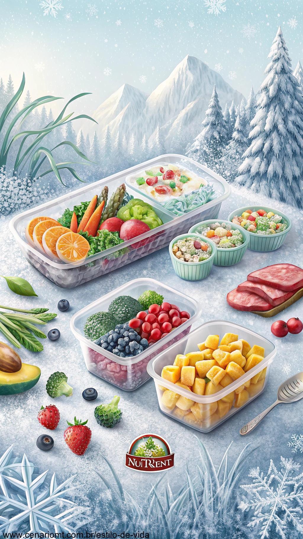 Alimentos congelados em cenário gelado com tabela nutricional.